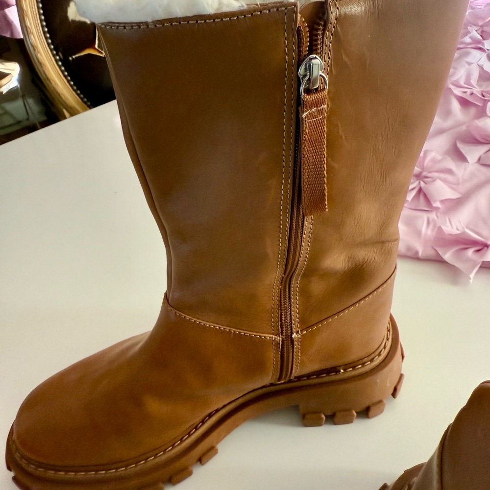 SCHUTZ Cognac Leather Mid-Calf Lug Sole Boots - Picture 2 of 10